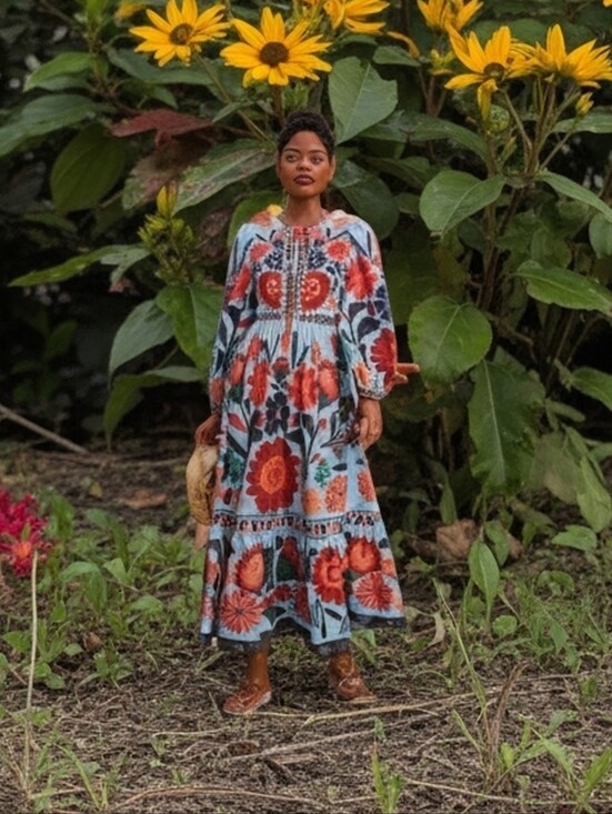 Dresses & Skirts - Floral Print Long Sleeve Maxi Dress - Light Blue